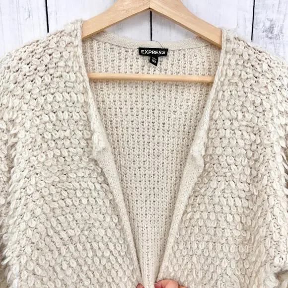Express XS Cream Wool Mohair Blend Cardigan Sweater Scalloped Boucle Knit - Picture 3 of 9